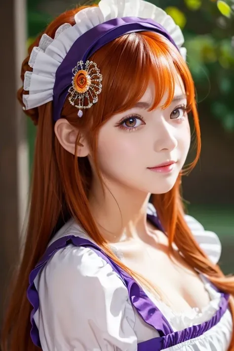 masterpiece,  top quality ,  1 girl,  purple eyes,   orange hair,Maid headdress, Maid,