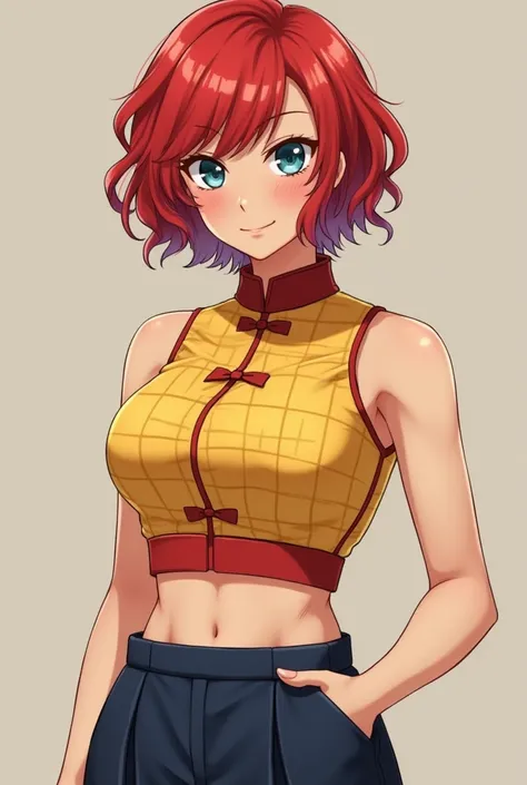  Make a female character with short hair , wavy and red ,  blue eyes,PIEL BLANCA, muscular, show belly button,  with plaid in a yellow Chinese crop top with a red collar,  medium breasts, a wide navy pans 