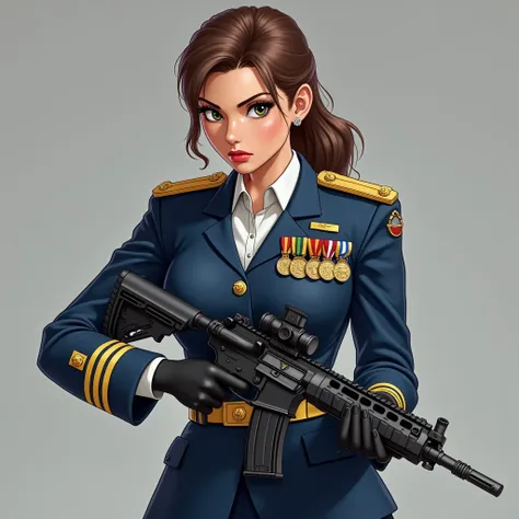 A female high-ranking Army officer in her uniform navy blue, white, and gold and decorated with medals. Imposing, dominant, sexy, subtle anger. Animated but realistic, in the style of Arcane. With a hightech rifle