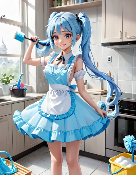  long light blue hair 、 beautiful girl with a twin-tail hairstyle、Doing some cleaning with a smile、 apron、Cleaning tools、mop、detergent