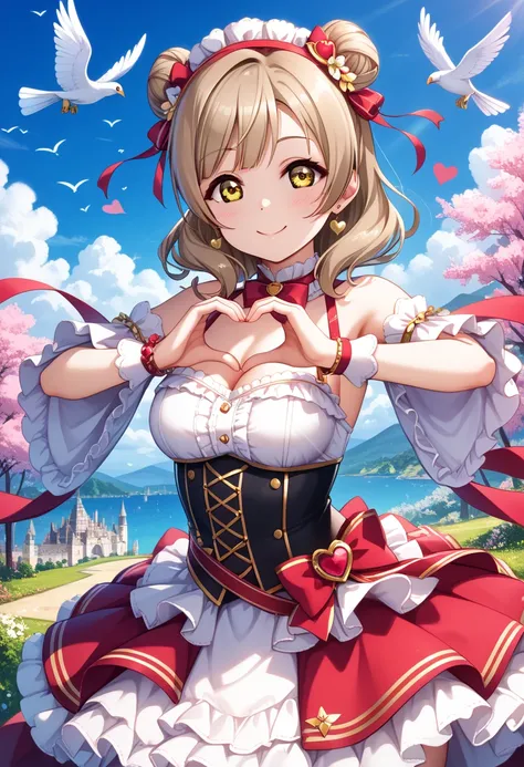 {{love live! school idol project, love live!, minami kotori,yellow eyes,light brown hair, many hearts and birds idol costume, arms raised in the air, heart hands, straight-on, intricate, detail eyes, detail focus face, hyper-detailed, 100-layer, amazing qu...