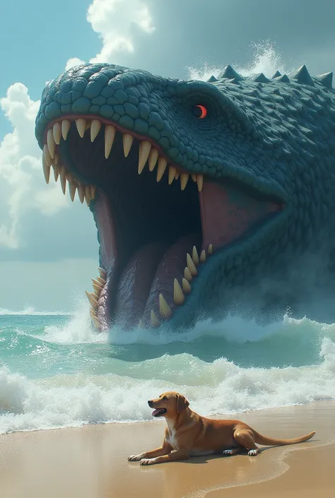 Leviatan coming out of the sea and attacking a little dog in the sand with his gigantic mouth