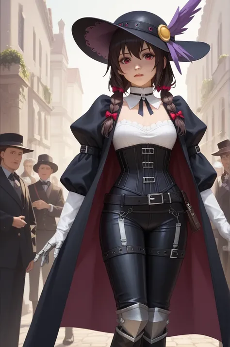 Yunyun de konosuba.
1.    wide-brimmed hat   :   A black hat with a gothic design decorated with purple feathers and metallic details,  that gives it an elegant and magical air   .


2.   long coat   :    A black coat with decorative edges and purple fraye...