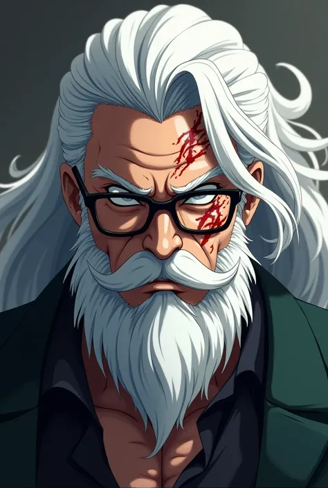  SANEMI character from Demon Slayer with white hair, Several scars ,  white Free Fire beard on the face ,  with black glasses , very realistic 