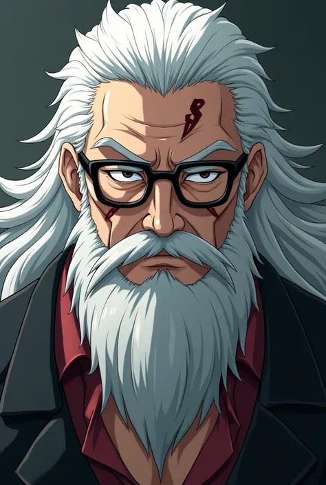  SANEMI character from Demon Slayer with white hair, Several scars ,  white Free Fire beard on the face ,  with black glasses , very realistic 