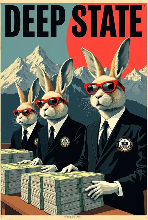 affiche style pop art sérigraphie filagramme ultra réaliste avec en gros titre "DEEP STATE" avec lapins aux lunettes rouge en uniforme noir et un badge de la CIA qui impriment des  montagnes de billets
