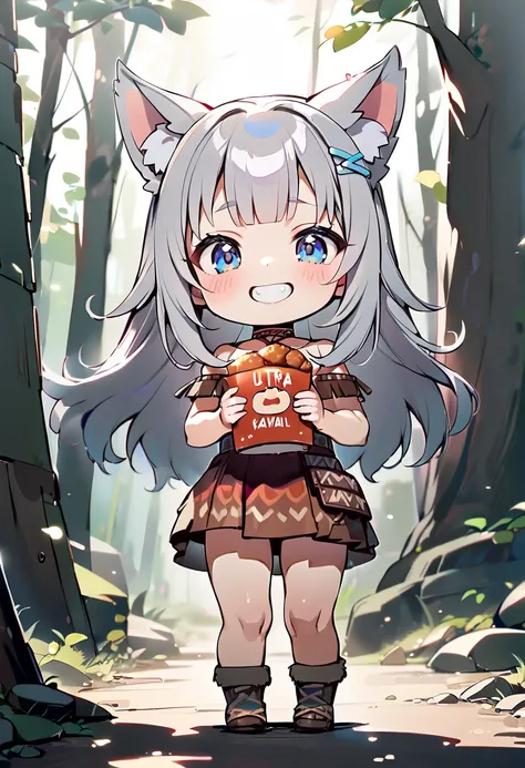 (masterpiece, best quality),one girl,(small girl,little,ultra cute kawaii:1.6),
grey hair,messy long hair,blue eyes,dark skin,wolf ears,wolf tail,(savage tribe clothes,barbarian),(torn:1.1),standing,grin,hands on hip,has fried chicken,in deep forest,