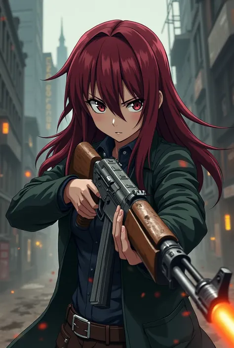 Create an anime with dark red hair holding an AK-47