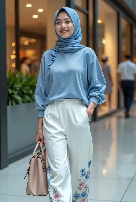 Make a very sharp high quality picture clear rialistick full HD of a beautiful Indonesian woman in beautiful paras in a clean white face wearing a hijab wearing a thick t-shirt long blue color floral print white trousers white trousers look like the woman ...