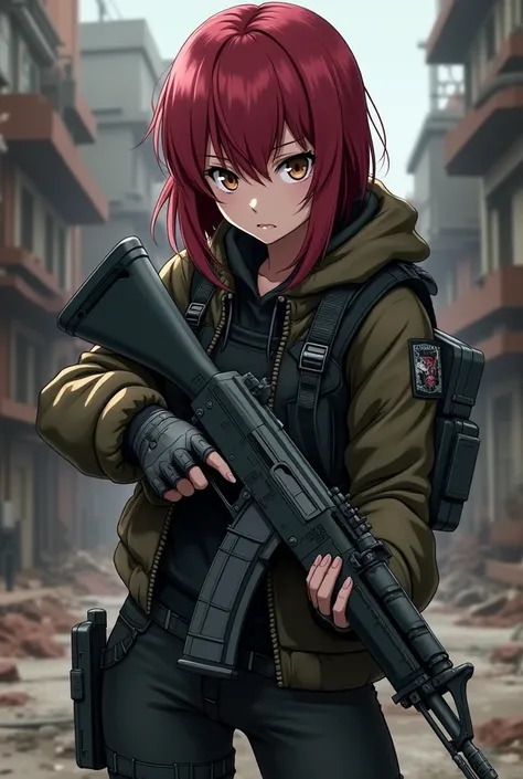 Create an anime one with dark red hair and brown eyes, holding an AK-47