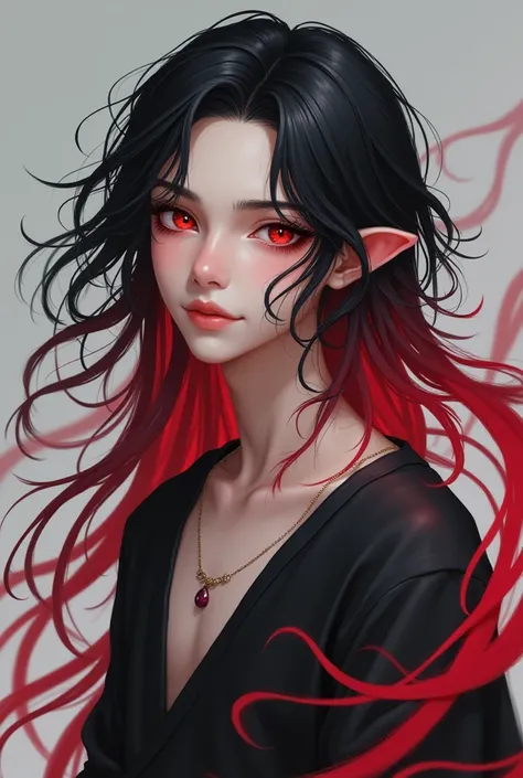 a young man who has feminine characteristics with long black hair with red tips and crimson eyes and with loose clothing