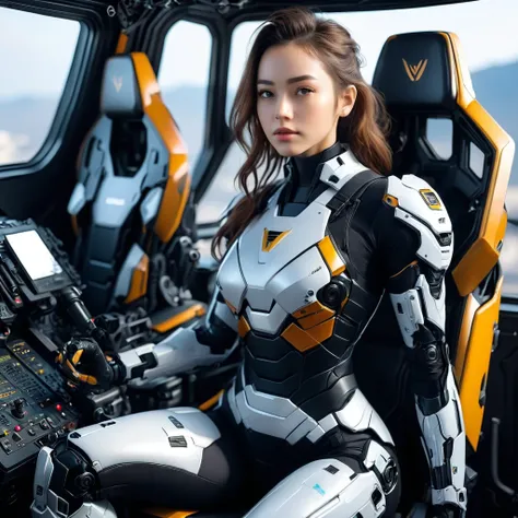 Highly detailed photo of a women, SF soldier, 30yo, (Mech warrior of women mercenary, (body armor on bodysuit)), sitting like a queen, Stately and dignified, Very dissatisfied look, (headset, Powerful and beautiful eyes, (female bodybuilders body), 8K Ultr...