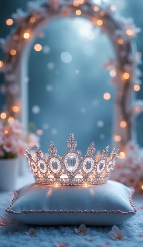 “A dreamy wallpaper featuring an elegant tiara resting on a velvet cushion in a magical setting. The tiara is adorned with shimmering gemstones that sparkle in the soft glow of moonlight, casting delicate reflections. Surrounding the tiara are ethereal flo...