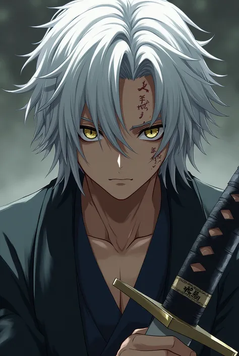  An anime character, White hair is very realistic ,  with a katana and several scars 