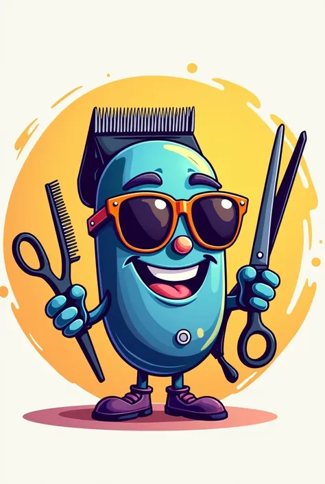 Happy hair clipper logo with sunglasses, No nose, holding hairdressing elements in your hands 