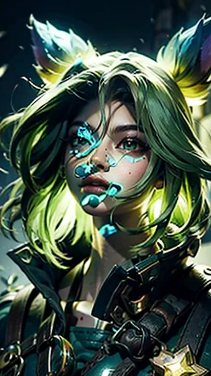 Psychedelic style, Персонаж игры League of Legends, zeri, Metaverse, Detail, green hair.