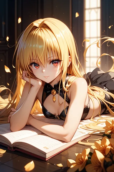 masterpiece, best quality, ultra detailed. 1girl, solo. konjiki no yami, to love-ru, , yellow hair, very long hair, small breasts, dark red eyes, golden Darkness. on stomach