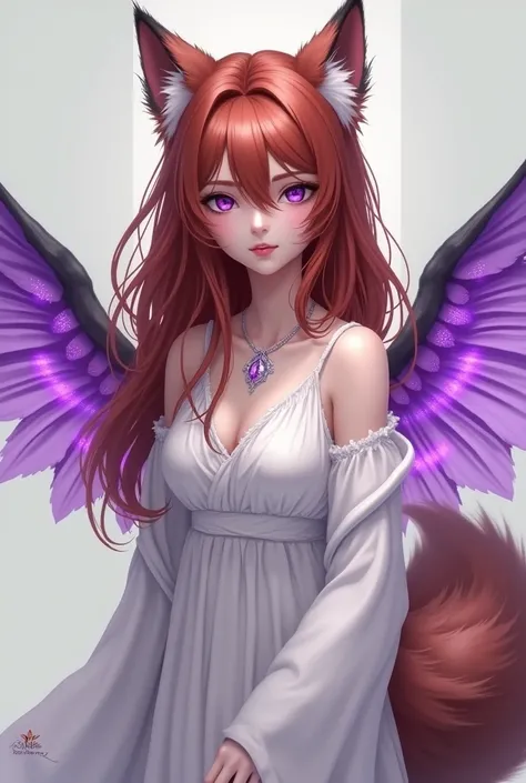 A picture of a girl with reddish brown hair with wolf ears and a tail wearing white clothes with purple wings and wearing a necklace with purple diamonds