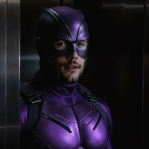 Leo Suter, a masked superhero in a dark and smoky elevator at night. Clad in a sleek, purple body-hugging lycra costume with a matte finish, his defined muscles and muscular arms are on full display. The costume features a purple collant that glides seamle...