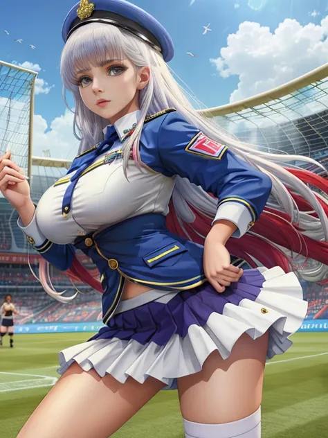  beautiful,  big boobs , sexy, skirt dressed in uniform,  raised skirt,   white skin , Realistic girl, Playing soccer 