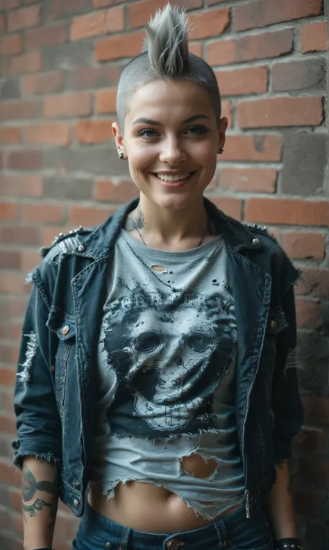 score_9, score_8_up, score_7_up, score_6_up, photo, realism, photorealistic, perfect milf, very thin, smile , punk, gray hair, mohawk, torn denim jacket, torn T-shirt, denim breeches, ((old clothes)), posing on  brick wall background, punk rock, great phot...