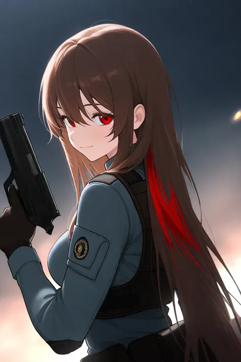 1 girl, Hair length reaches the back, , brown hair and red on the edges of the hair, Red eyes, but not bright,  put on a soldiers suit, Cheerful demeanor, Medium-sized breasts, Holding a gun