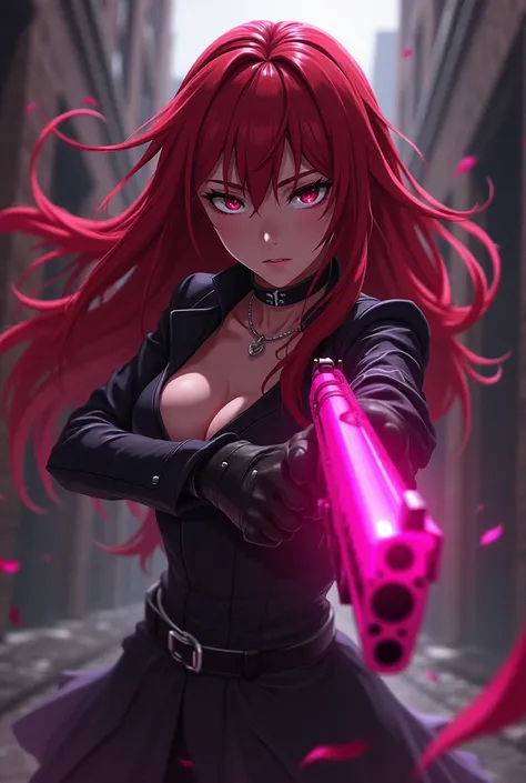  From dark red-haired anime holding a pink pistol