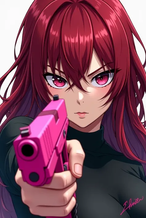  From dark red-haired anime holding a pink glock