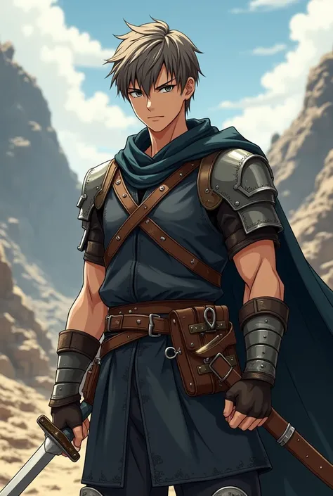 Create an 18-year-old anime boy with intense light gray eyes that exude determination and inner strength. His short, tousled ash brown hair, streaked with silver, is rugged and slightly unkempt, giving him a more mature and battle-hardened look, despite hi...