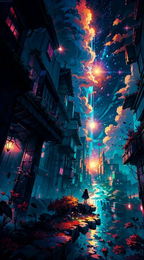 anime girl standing on a rock looking at a star filled sky, makoto shinkai cyril rolando, anime art wallpaper 4k, anime art wallpaper 4 k, anime art wallpaper 8 k, cosmic skies. by makoto shinkai, inspired by Cyril Rolando, in the style dan mumford artwork...