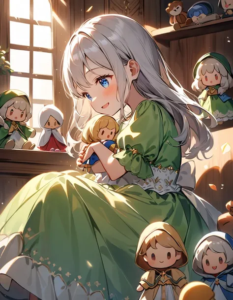 A young girl, around five years old, with silver hair and striking blue eyes, wearing a charming green dress. she is laughing and  spinning around holding a small doll with a royal gown, surrounded by toys and a soft, warm glow of sunlight streaming throug...