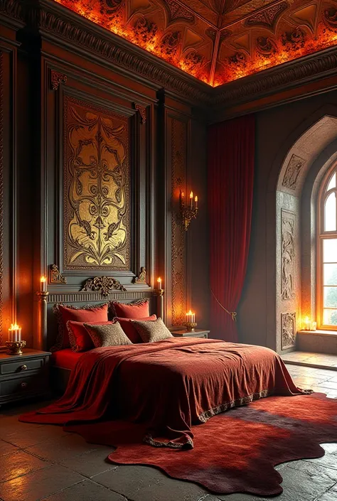  The Fire Kings room is an immense and opulent space ,  reflecting the greatness of its position and the kingdom of governs .  The walls are made of dark, polished stone ,  with gold and copper details that run along the edges ,  forming patterns that rese...