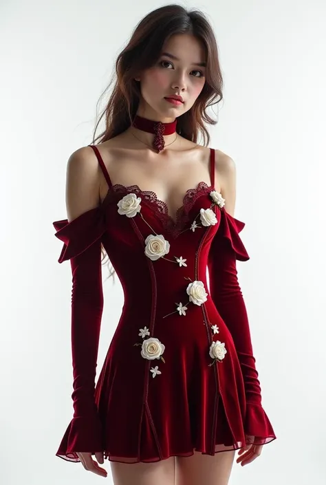 Dark Red Mini Gothic Dress off  shoulder With Rose decorations in white background