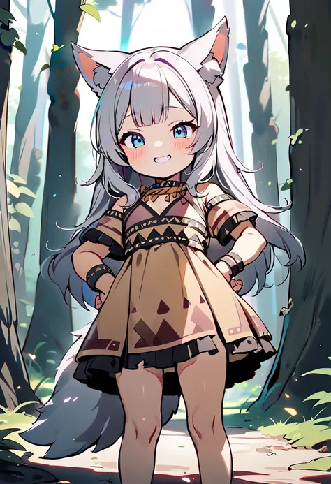 (masterpiece, best quality),one girl,(small girl,little,ultra cute kawaii:1.6),
grey hair,messy long hair,blue eyes,dark skin,wolf ears,wolf tail,(savage tribe clothes,barbarian),(torn:1.1),standing,grin,hands on hip,has fried chicken,in deep forest,