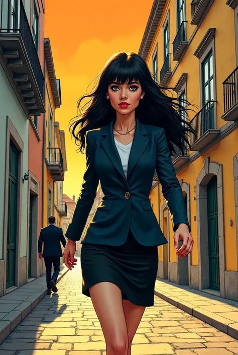  Create an 80s Castleman-style comic book cover ,  like the Ligne Claire characters from Edgar P . Jacobs, Blacke and Mortimer ,  but the main character is a woman with long black hair with fringe .  She wears a blazer and a black skirt and seems mysteriou...