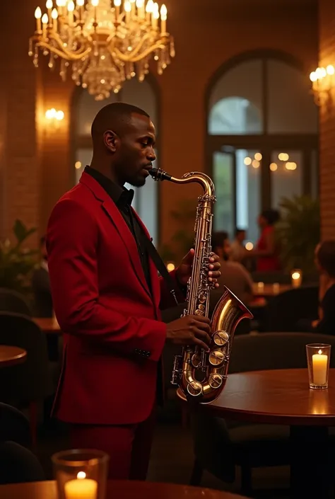 
 In an intimate and warm environment , a man in his thirties who cant see his head , A saxophone is playing .  The place is elegant and cozy ,  with soft lighting that highlights the intense golden glow of the saxophone .   The man wears a very elegant in...