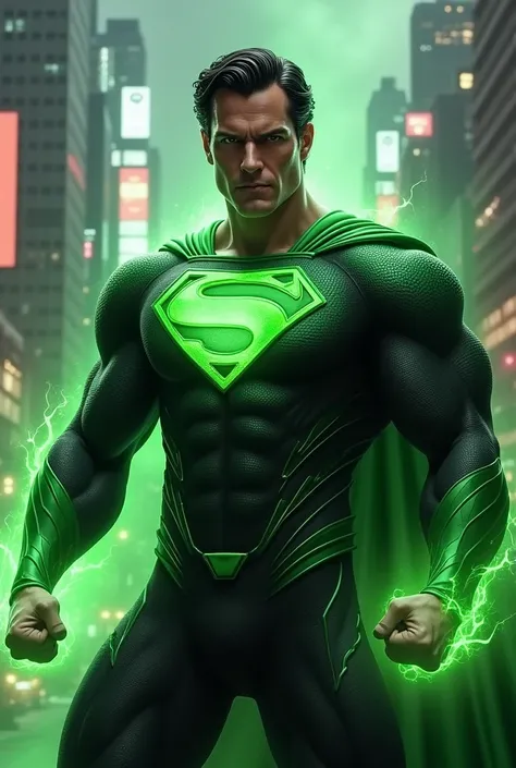 Create a picture of superman as though it was a green lantern. Make sure to make it realistic, as though it was a real person. Add an urban background, similar to superman’s original city