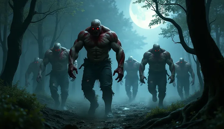 An ultra-realistic, high-definition (8K) depiction of extremely muscular zombies stalking through a dense forest, their glowing red eyes radiating fury and unrelenting rage. The scene is dark and tense, with the zombies’ massive, grotesque bodies covered i...