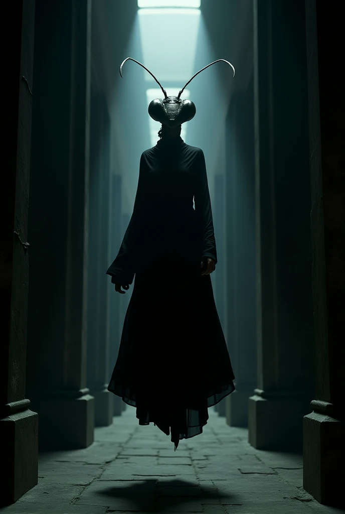 woman in a black robe and the head of a mantis levitating at the end of a dark corridor 