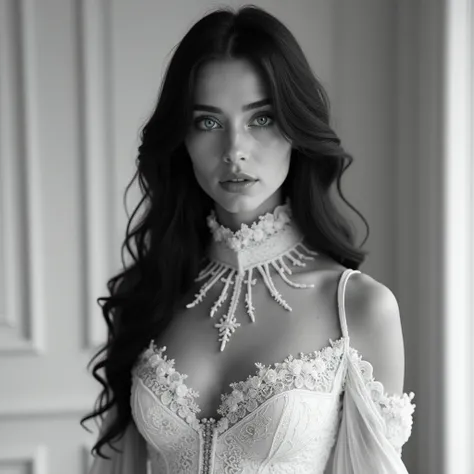  Surreal black and white photo ,  blue-eyed Russian woman, Black hair , tall,  incredibly beautiful , aristocrat in gorgeous dress .