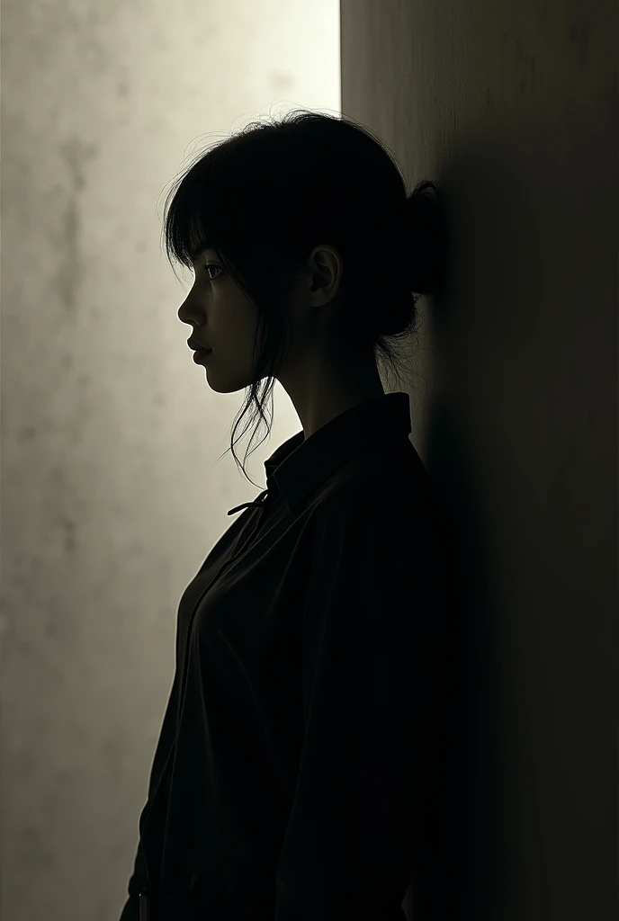 The silhouette of a girl standing side against the wall