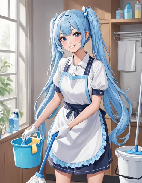  long light blue hair 、 beautiful girl with a twin-tail hairstyle、Doing some cleaning with a smile、Holding a bucket、 apron、Cleaning tools、mop、detergent