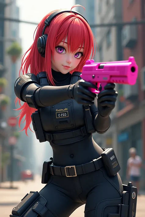  From red-haired anime ,  dressed in tactical police clothing, holding a pink pistol 