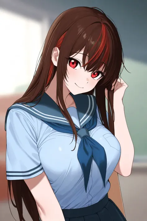 1 girl, Hair length reaches the back, , brown hair and red on the edges of the hair, Red eyes, but not bright, , put on a school uniform, Cheerful demeanor, Medium-sized breasts