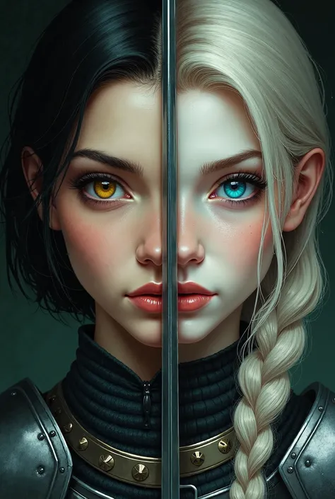  I want a symmetrical drawing ,  with the faces of the two young women lined up side by side ,  so that each one covers half of the image .  The young woman on the right with fair skin ,  yellow eyes and short black hair cut . The young woman on the left ,...