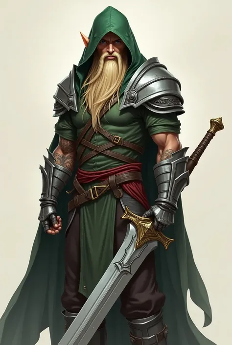 league of legends ART style, Human Male,Elf ears ,  Robes  ,  tattoos ,Simple background,character sheet , Pants ,Bandage on arms, Green hooded cloak , silver Armor , long Blonde hair , Beard  , holding big Sword 