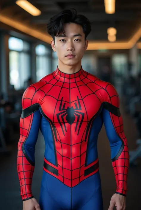 Handsome and sexy Korean teenager, teenager, young, male, wearing Spiderman costume while showing his sixpack abs, muscular, sixpack, young, front view, Korean idol, hot, very muscle, very horny biceps and triceps, photo realistic, realistic, 8k, UHD, sexy...