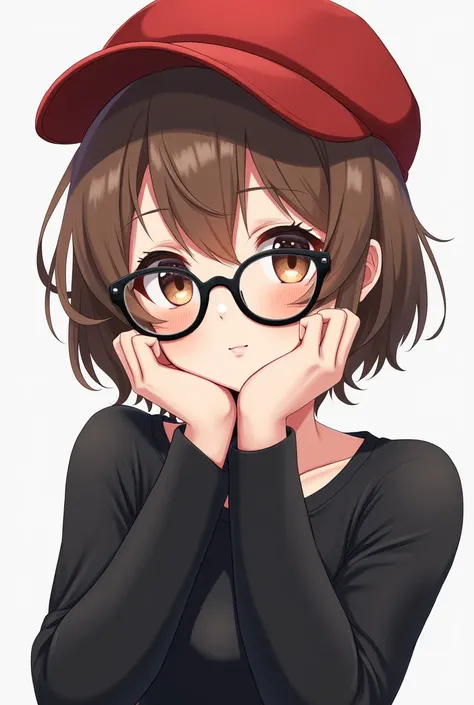  A feminine anime image  " short brown hair , Red cap,  bangs on the face , glasses on the head,  black long sleeve shirt, and long black sleeves .