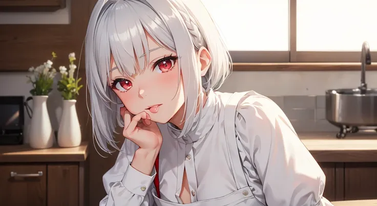 Kyoto animation style, with silver hair, 8k extreme face details, 8K Ultra HD, amazing woman, White hair, (Bob hairstyle), Slim body, red eyes, A young woman, dressed in a light gray maid outfit apron with open bosom. Close-up, focusing on the womans face....