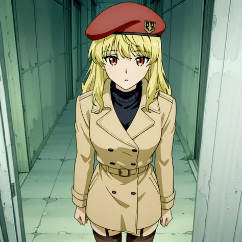 ,parted lips, looking at view, beret ， turtleneck，Trench coat，Stockings,Alone,1 girl